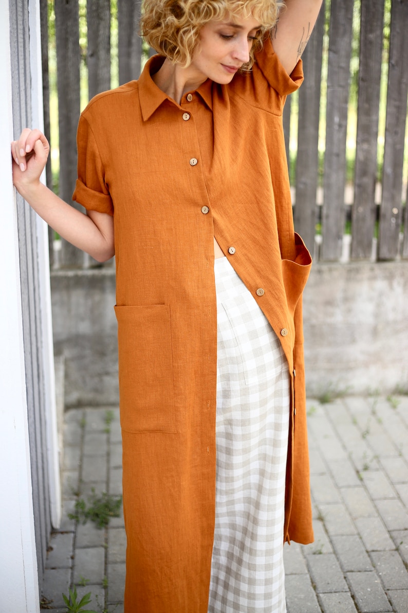 Oversize linen shirt dress in meerkat color / Handmade by OFFON CLOTHING image 6