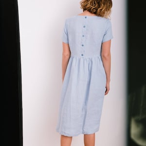 Linen Loose Dress In Sky Blue Short Sleeved Linen Summer Dress Linen High Waist Dress Handmade by OFFON image 5
