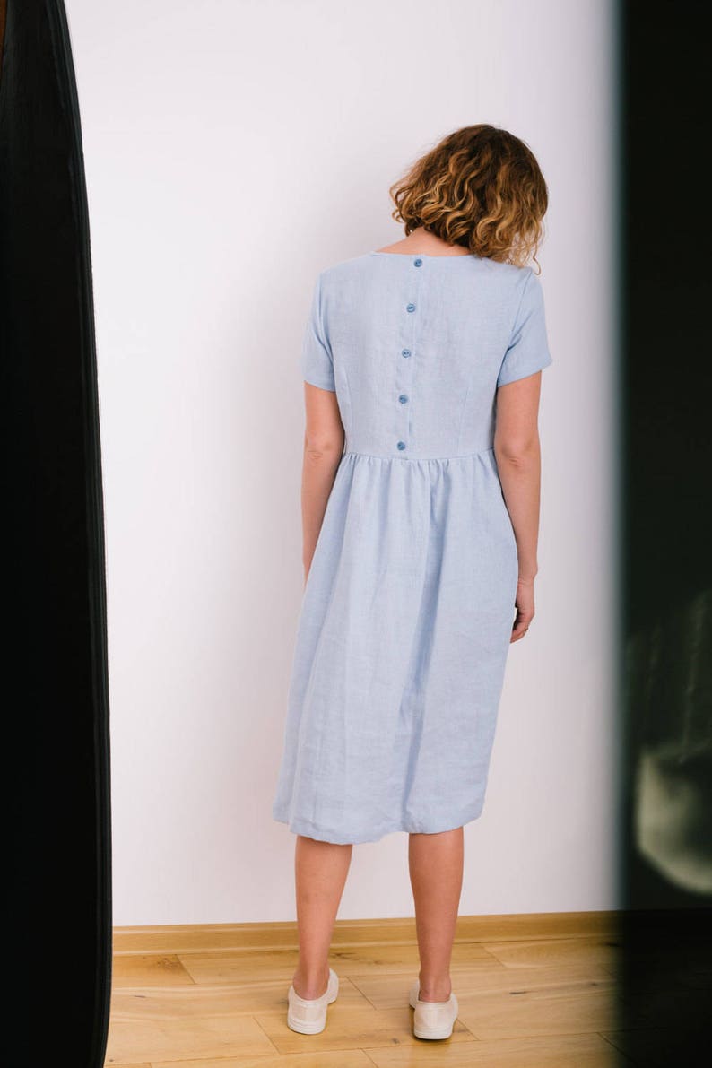 Linen Loose Dress In Sky Blue Short Sleeved Linen Summer Dress Linen High Waist Dress Handmade by OFFON image 5