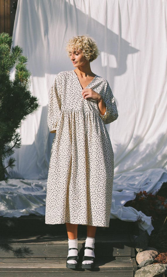 Ivory Floral Cotton V-Neck Puffy Sleeves Dress * OFFON CLOTHING