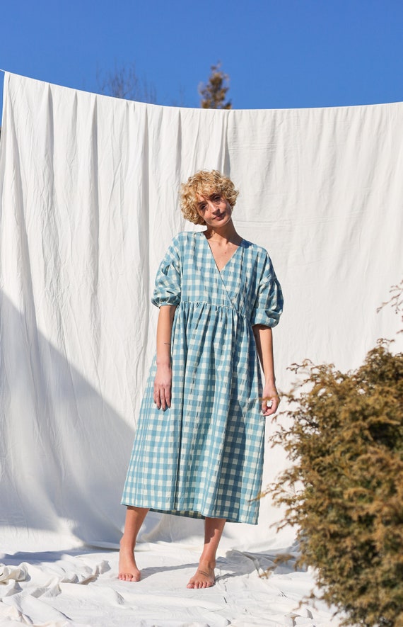 Mint Seersucker Checks V-neckline Dress • OFFON CLOTHING - Etsy