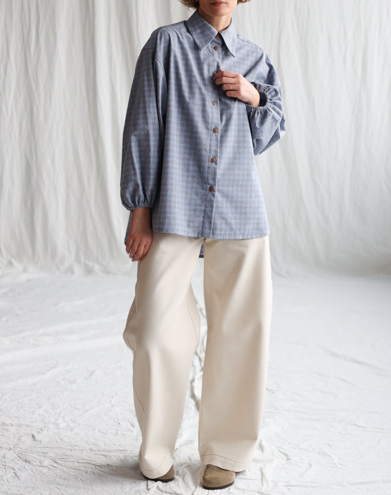 Light blue brushed plaid cotton oversized shirt ELIAN OFFON CLOTHING image 3