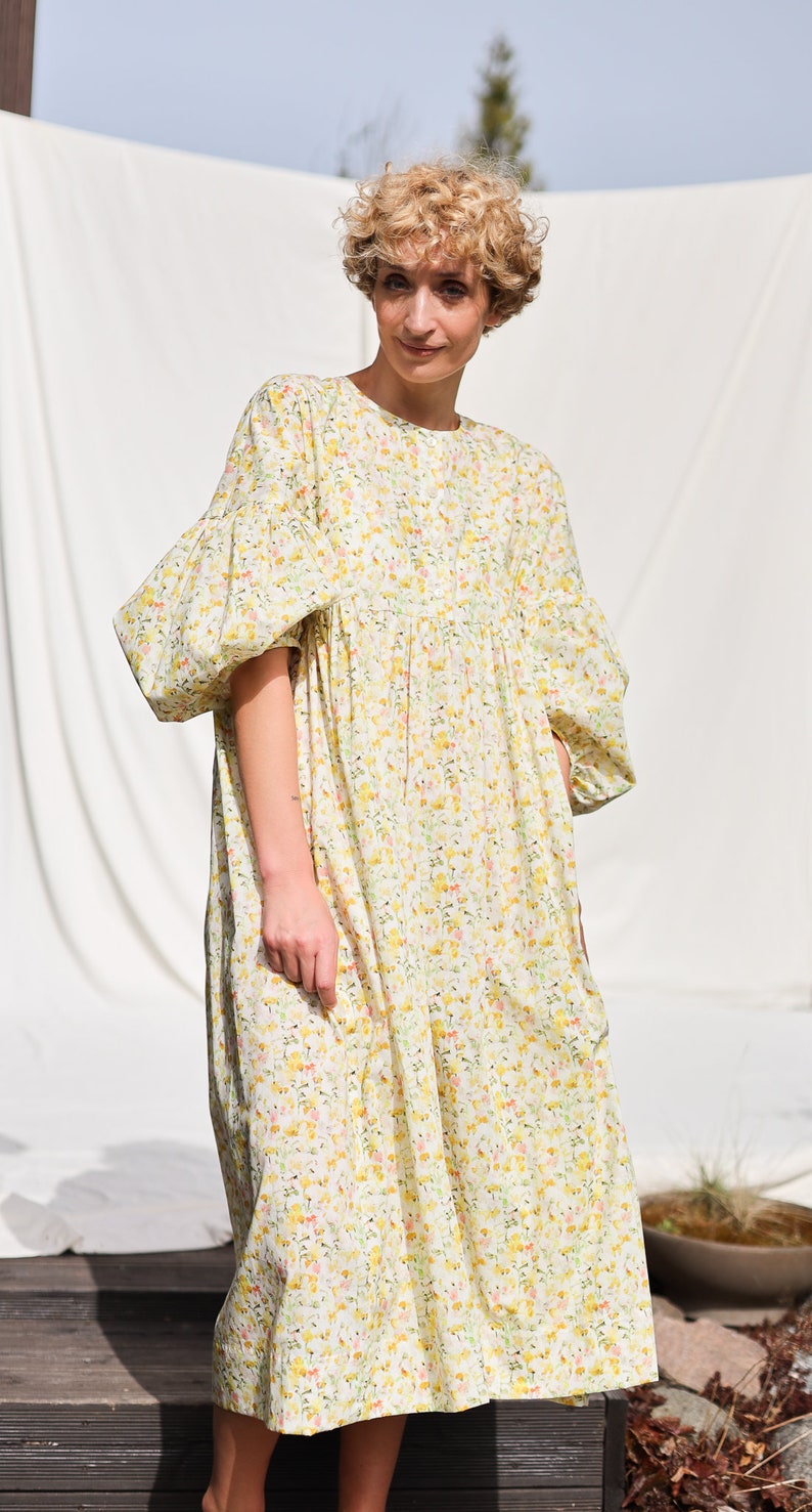 Oversized voluminous sleeves floral print silky cotton dress GRETA OFFON CLOTHING zdjęcie 8