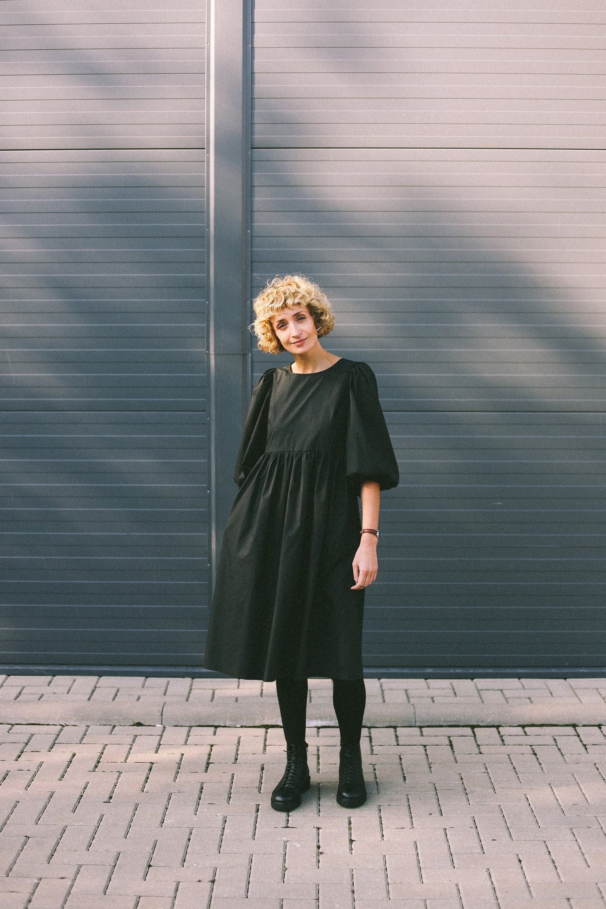 Balloon Sleeve Dress / Empire Waist Black Cotton Poplin Dress / OFFON CLOTHING