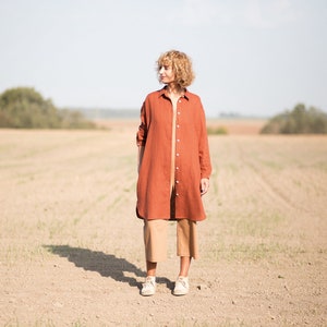 Linen oversized shirt dress / Long sleeve linen shirt dress in redwood / OFFON CLOTHING image 4