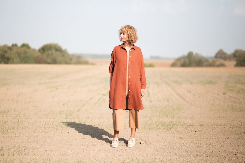 Linen oversized shirt dress / Long sleeve linen shirt dress in redwood / OFFON CLOTHING image 4