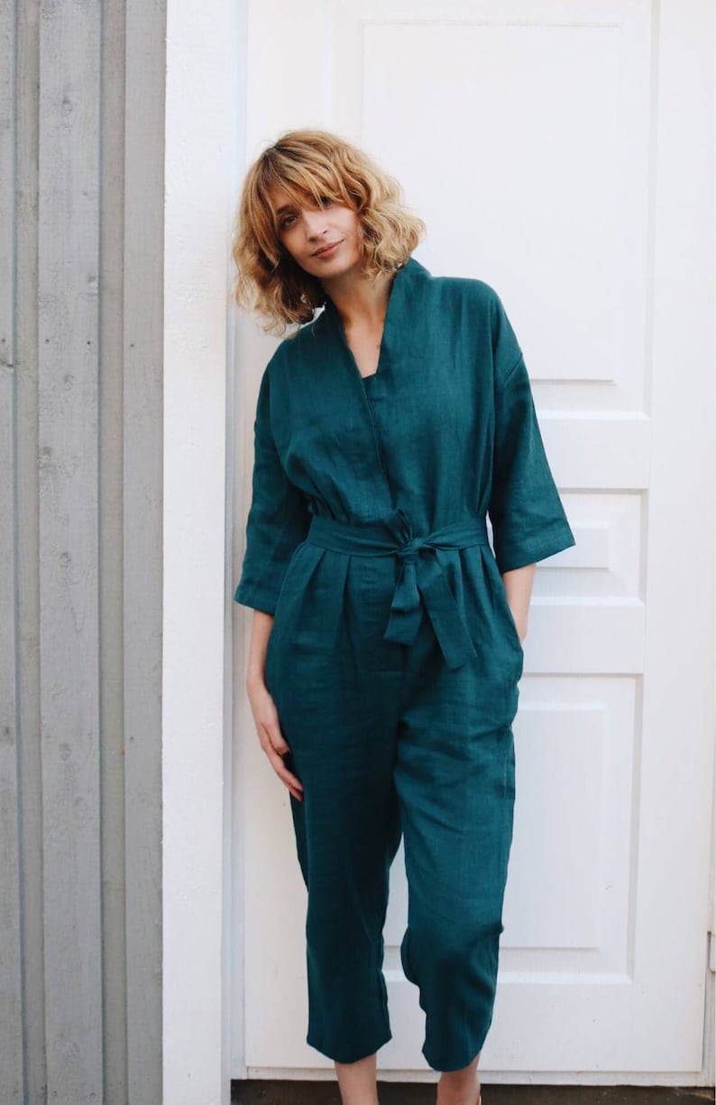 Linen Jumpsuit In Turquoise / Women Overall / OFFON CLOTHING image 2