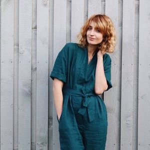 Linen Jumpsuit In Turquoise / Women Overall / OFFON CLOTHING