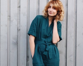 Linen Jumpsuit In Turquoise / Women Overall / OFFON CLOTHING