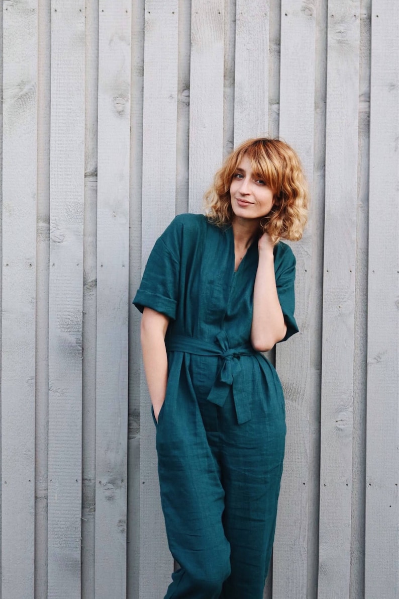 Linen Jumpsuit In Turquoise / Women Overall / OFFON CLOTHING image 1