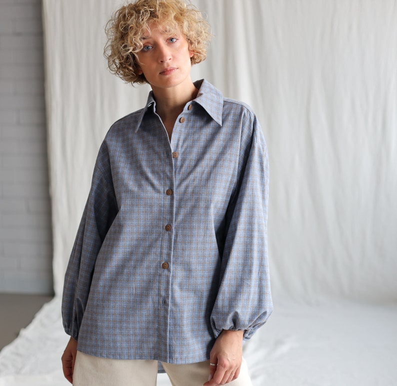 Light blue brushed plaid cotton oversized shirt ELIAN OFFON CLOTHING image 8