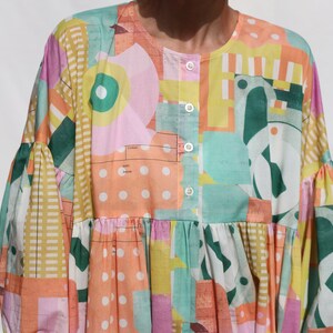 Oversized voluminous sleeves abstract print silky cotton dress GRETA OFFON CLOTHING zdjęcie 7