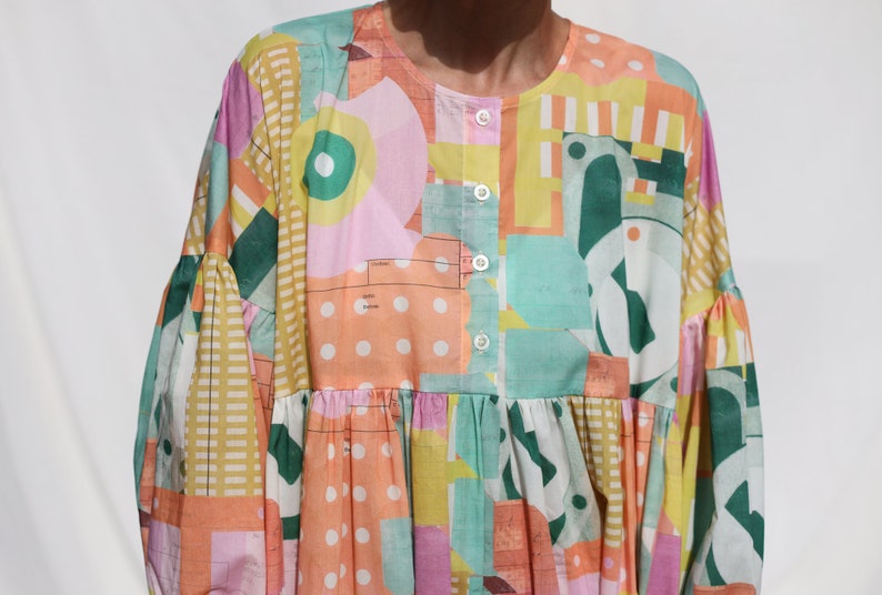 Oversized voluminous sleeves abstract print silky cotton dress GRETA OFFON CLOTHING zdjęcie 7