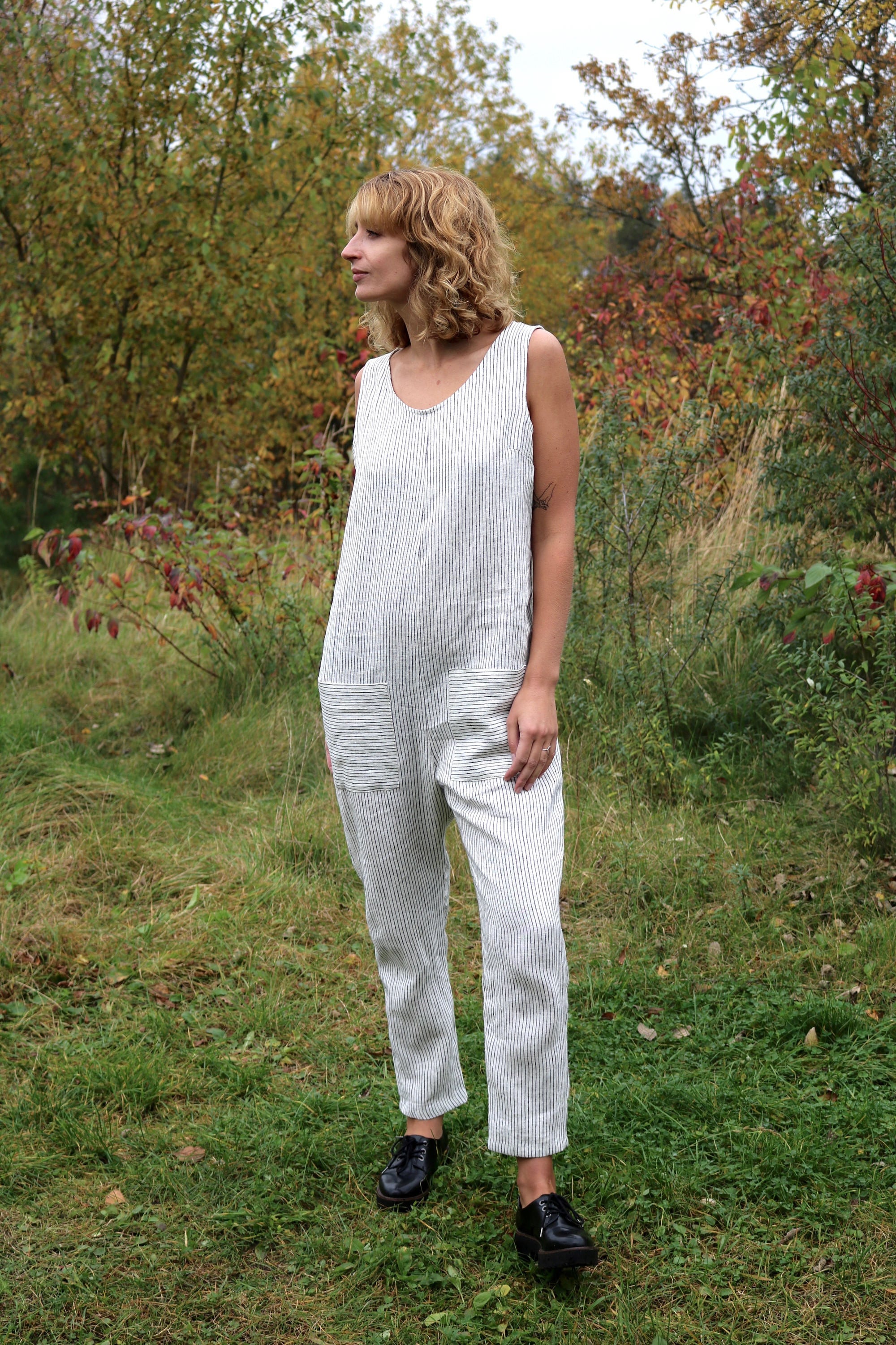 Striped Linen Sleeveless Jumpsuit 