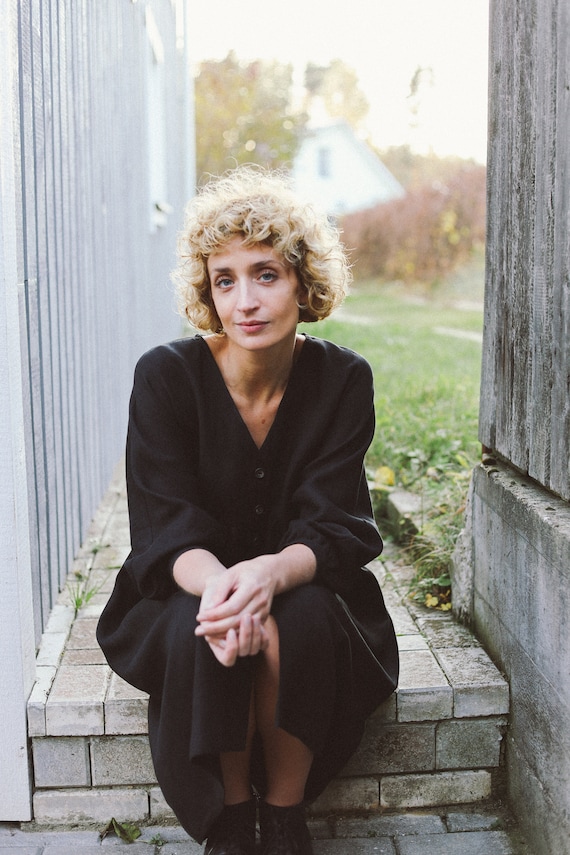 Black Linen Dress / Linen V Neck Dress 