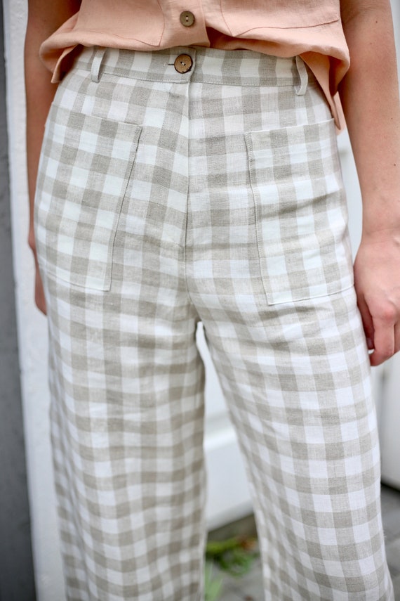 Checkered Linen High Waist Women Culottes/wide Leg Linen Checkered Linen High Waist Women Culottes/wide Leg Linen