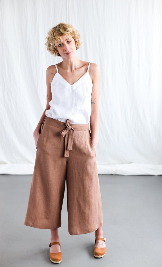 Pantalón culotte ancho de lino color avellana de verano AURE OFFON Ropa -   España