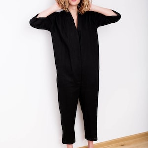 Black Jumpsuit Linen Overall Linen Jumpsuit Linen Romper Women Overall Handmade by OFFON image 2