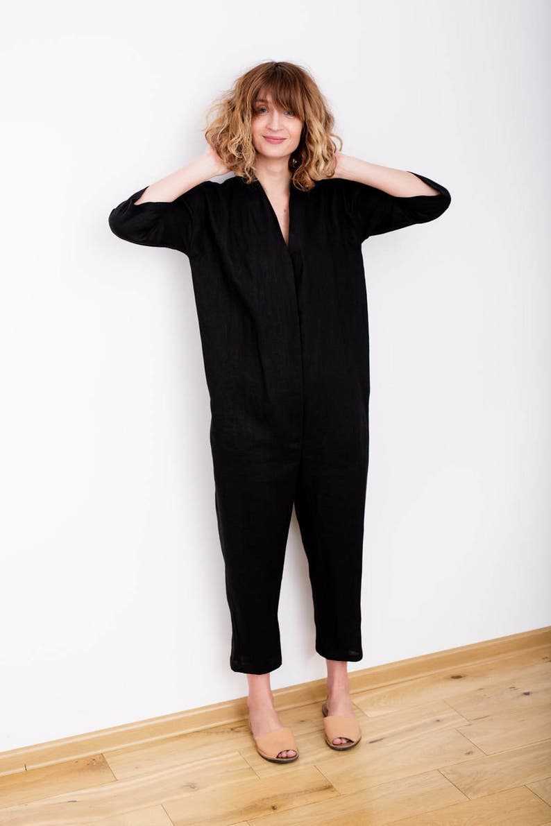 Black Jumpsuit Linen Overall Linen Jumpsuit Linen Romper Women Overall Handmade by OFFON image 2