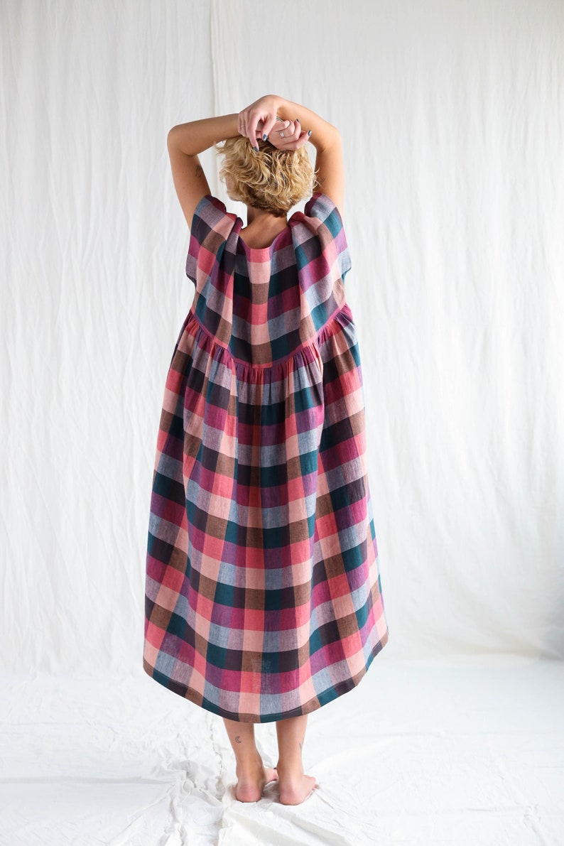 Oversize linen dress in checks SILVINA • OFFON CLOTHING