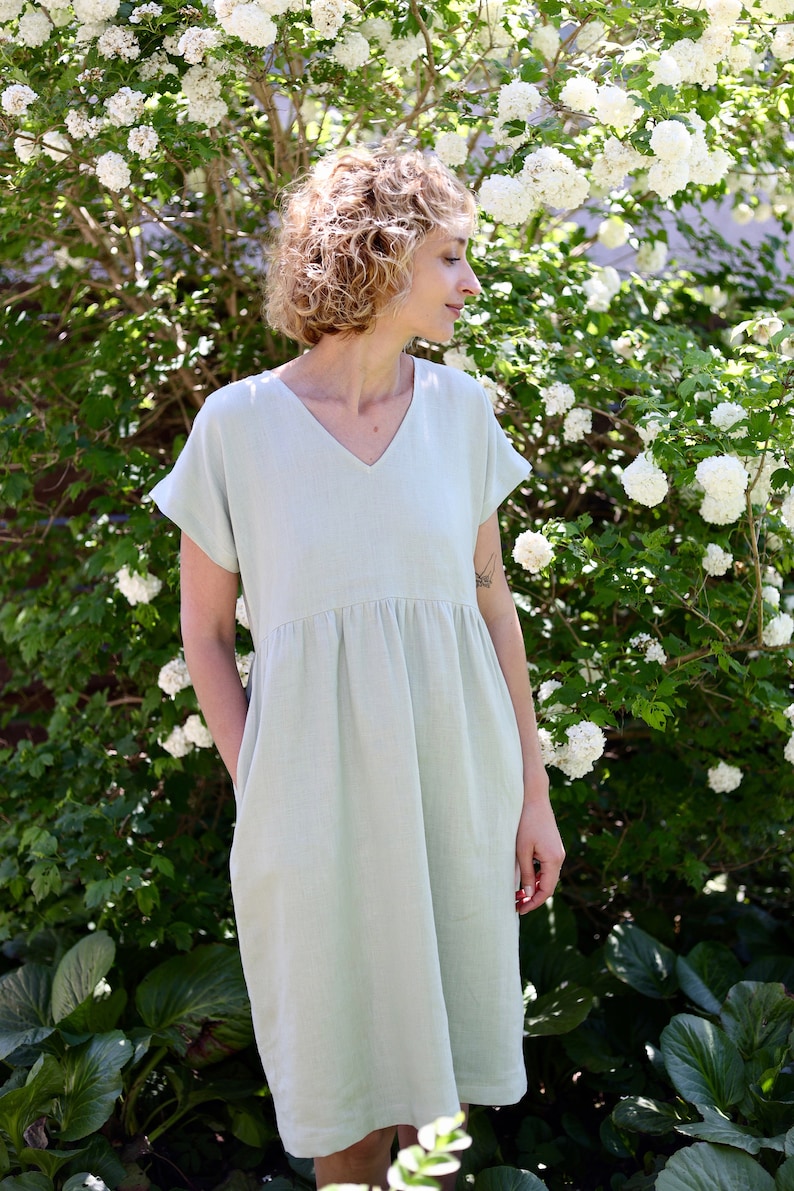 Vneck linen dress in sage green color/OFFON CLOTHING Etsy