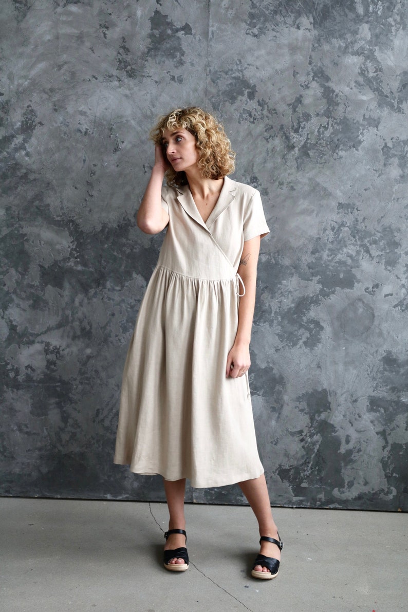 Ready to ship/Linen wrap dress/Belted linen short sleeve dress/OFFON CLOTHING image 1
