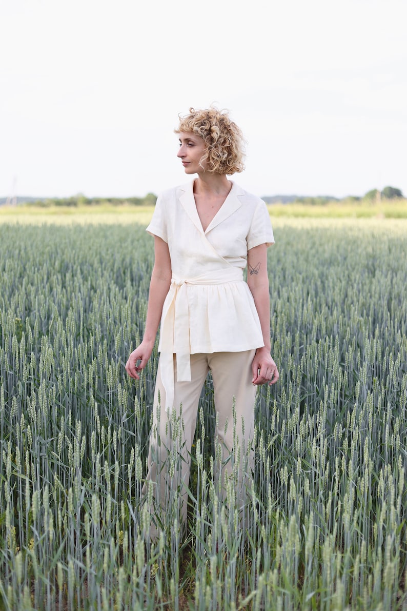 Linen Wrap Ruffle Blouse / OFFON CLOTHING | Etsy