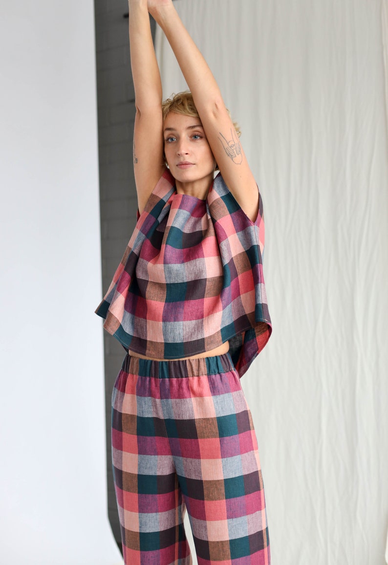 Linen Two Pieces Suit in Checks / Top and Culottes Linen Set - Etsy