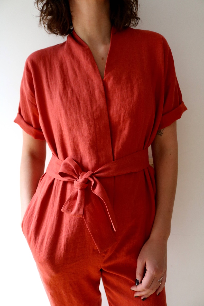 Linen Jumpsuit In Burnt Orange Short Sleeve Romper Linen Overall Handmade by OFFON image 3