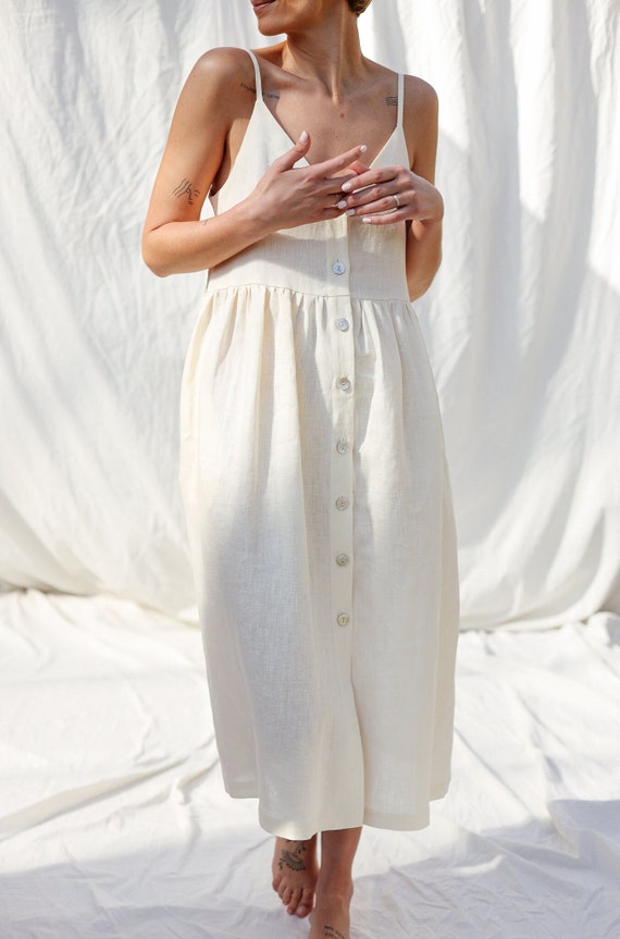 Adjustable Straps Summer Linen Dress ELOISE in Ivory Color / OFFON Clothing  -  Hong Kong