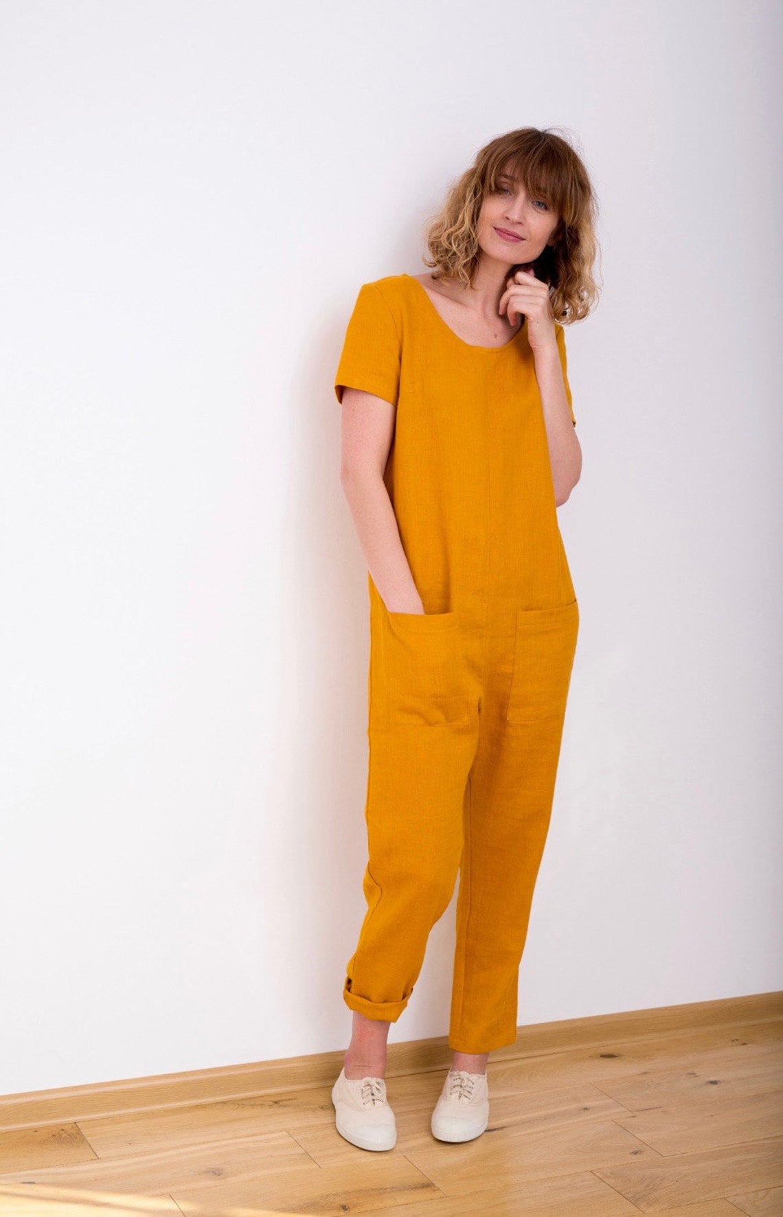 Linen Jumpsuit Mustard Jumpsuit Short Sleeve Jumpsuit Etsy