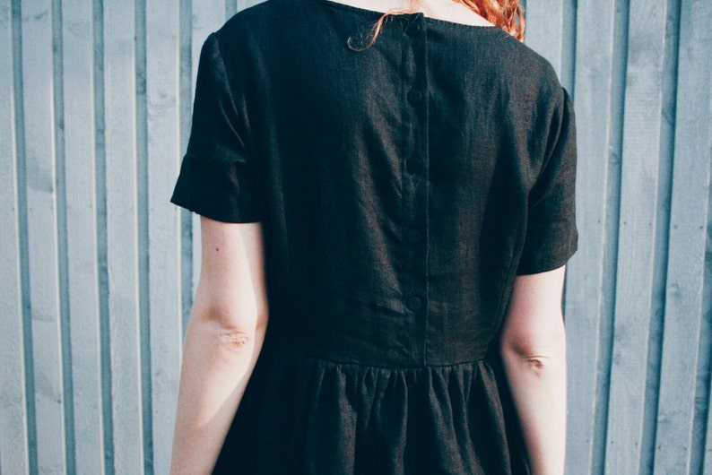 Black Linen Short Sleeve High Waist Dress / Handmade by OFFON Clothing image 5