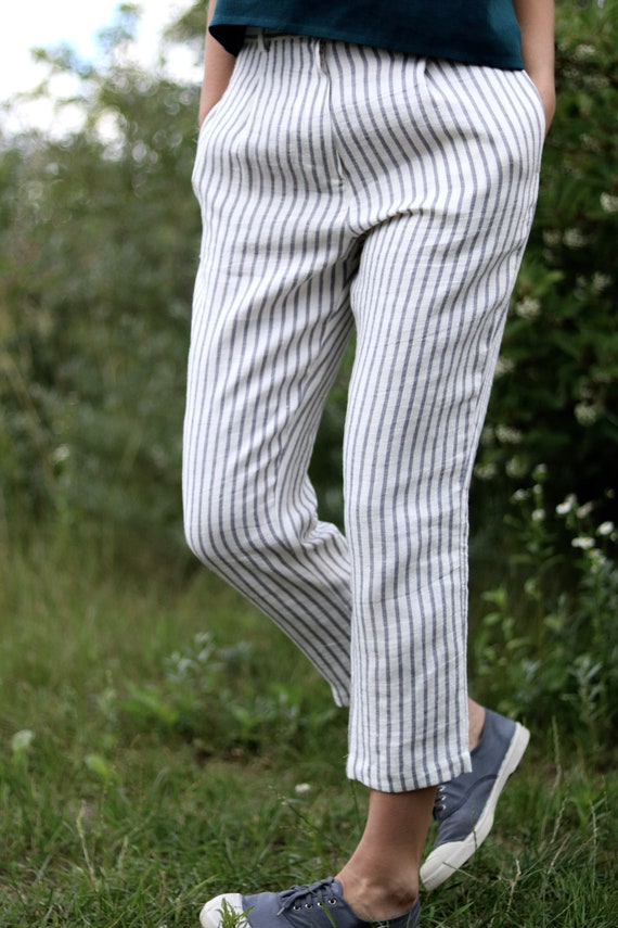 Cropped Linen Pants in Stripes / Linen Trousers / Classic Women Linen Pants  / OFFON CLOTHING -  Canada