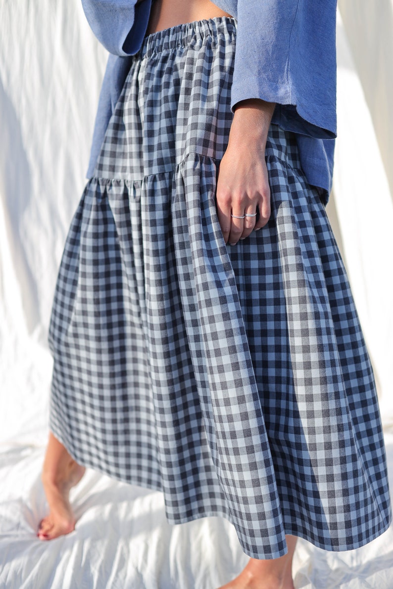 Checkered organic cotton tiered skirt with elasticated waist OFFON CLOTHING image 5