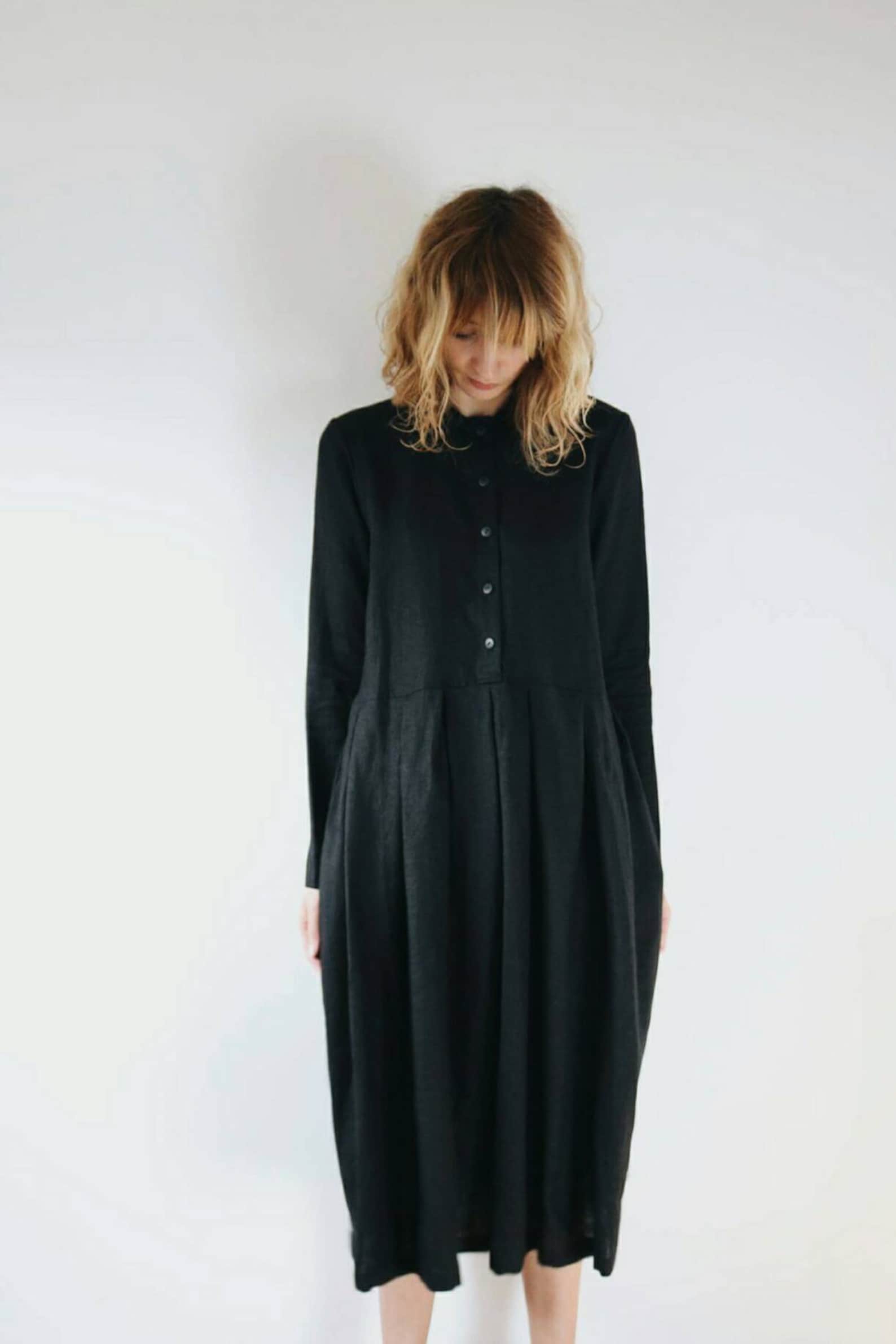 Black Linen Dress Long Sleeve Linen Dress Shirt Collar - Etsy