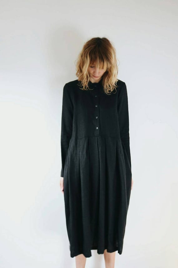 Black Linen Dress - Long Sleeve Linen Dress - Shirt Collar Dress - Handmade by Offon