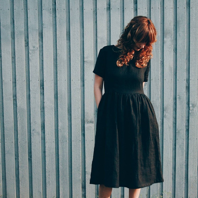 Black Linen Short Sleeve High Waist Dress / Handmade by OFFON Clothing image 2