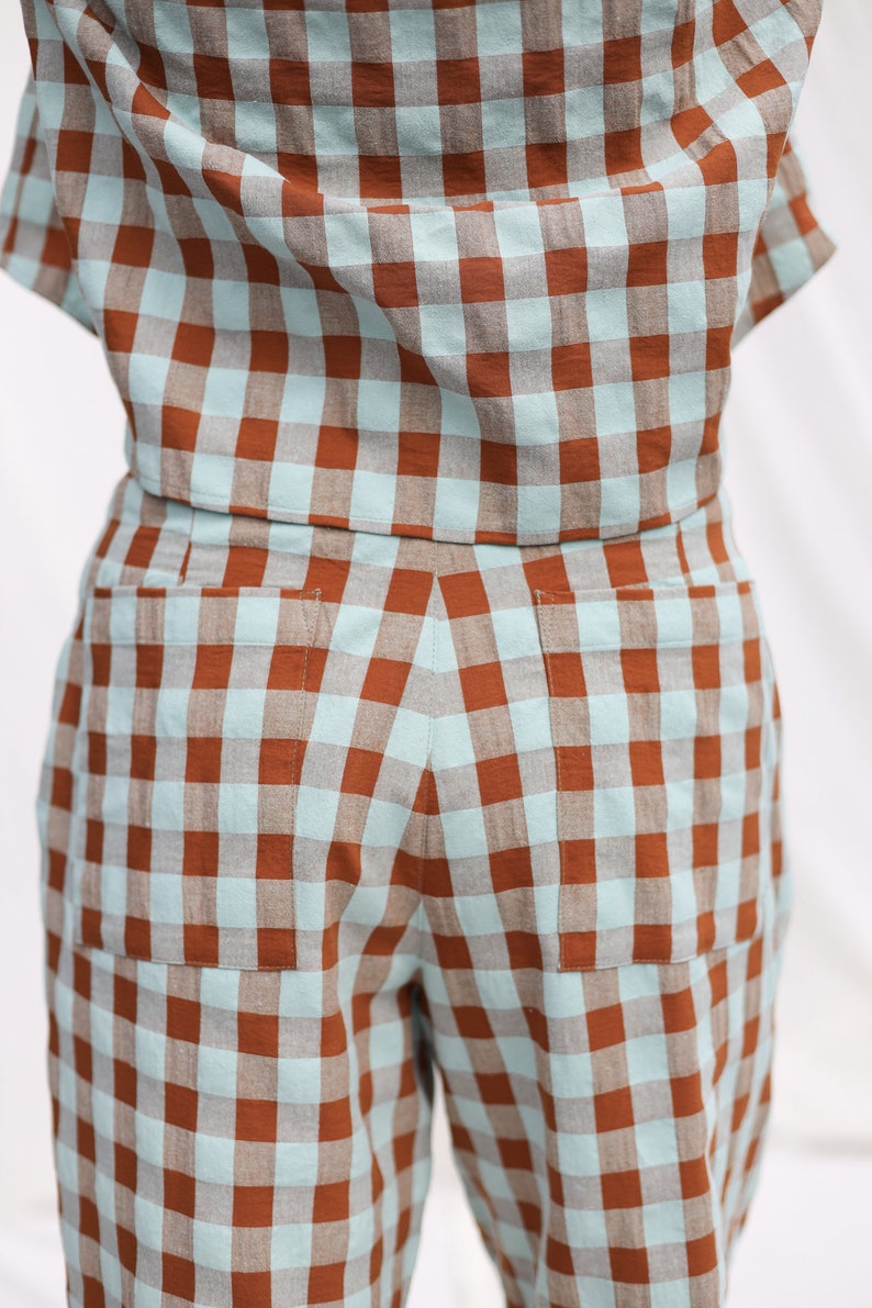 May include: A pair of brown and light blue gingham shorts with two patch pockets in the back.