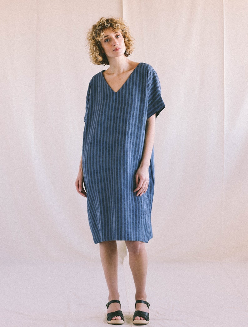 V-neck Linen Dress in Stripes / OFFON CLOTHING - Etsy