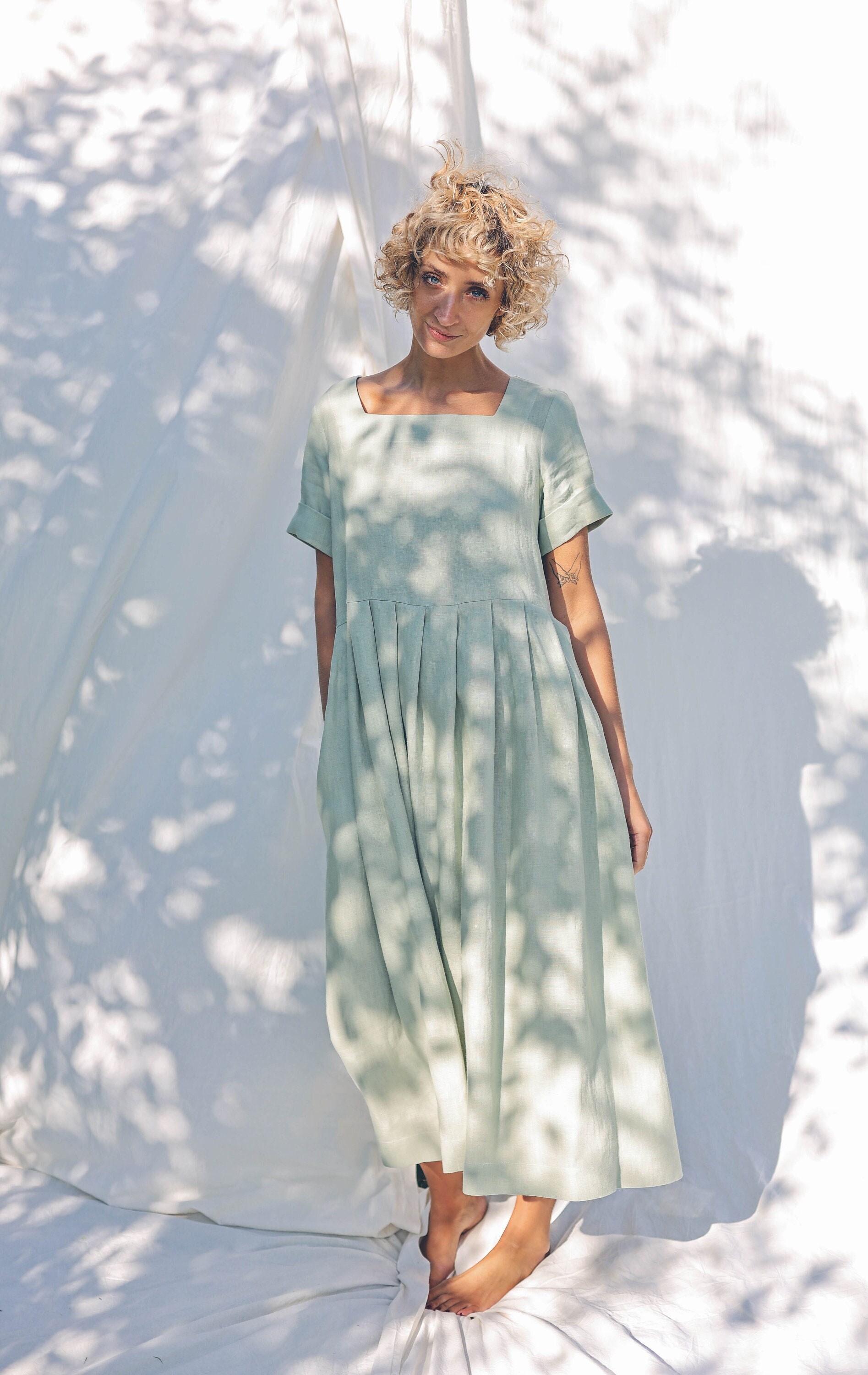 Sage green linen square neck dress SANTA  - Handmade by OFFON