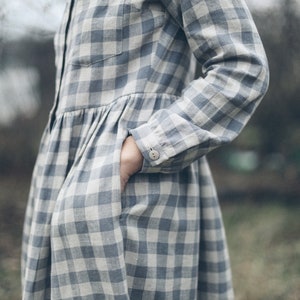 Linen checkered dress / Linen button up MIDI dress / OFFON CLOTHING image 6