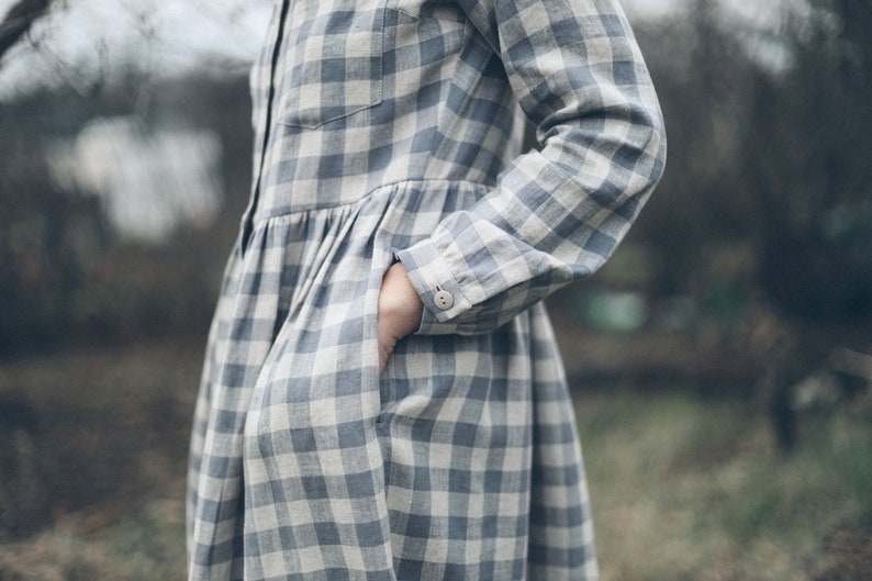 Linen checkered dress / Linen button up MIDI dress / OFFON CLOTHING image 6