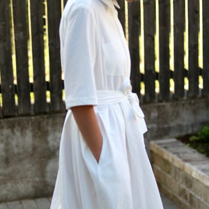 White Cotton Shirt Dress / Pleated Skirt Dress / OFFON CLOTHING image 2
