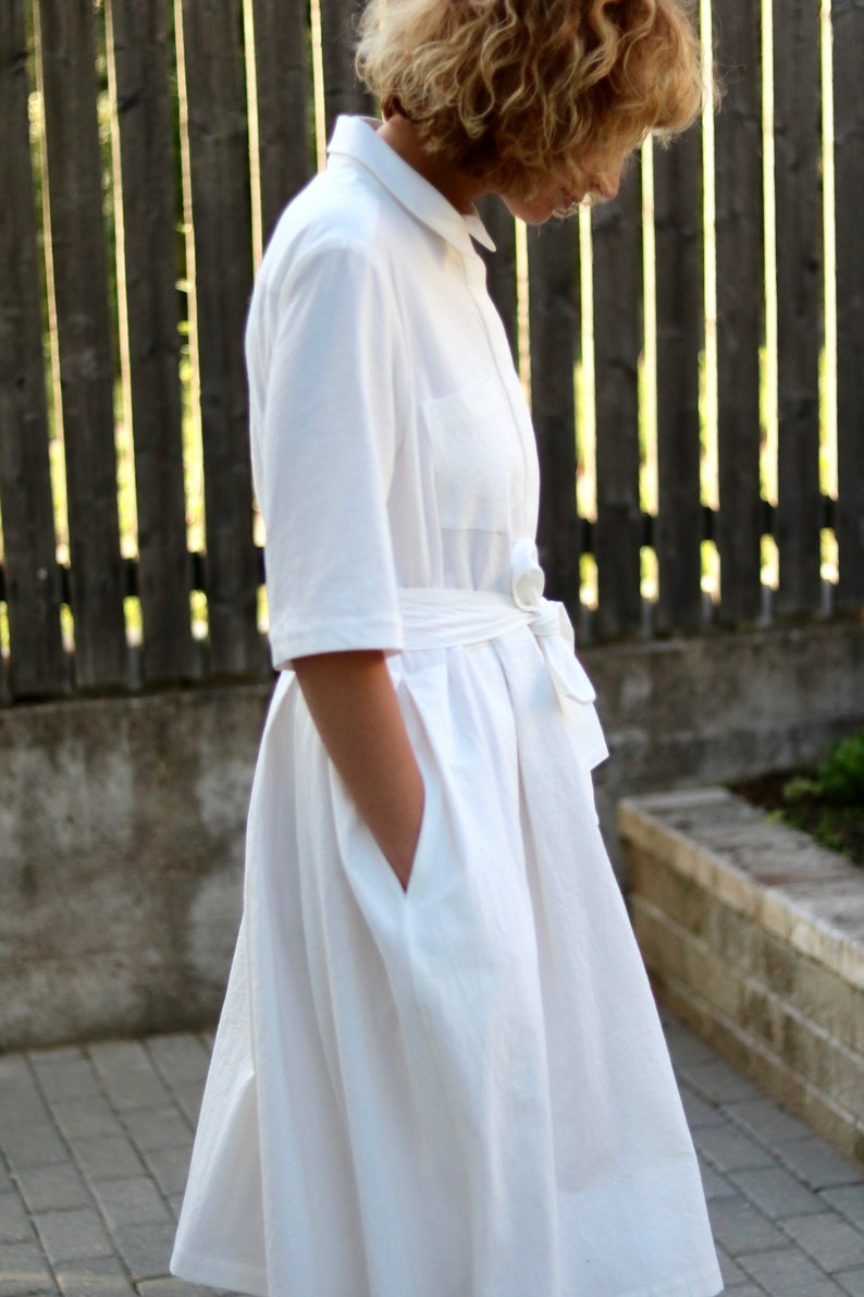 White Cotton Shirt Dress / Pleated Skirt Dress / OFFON CLOTHING image 2