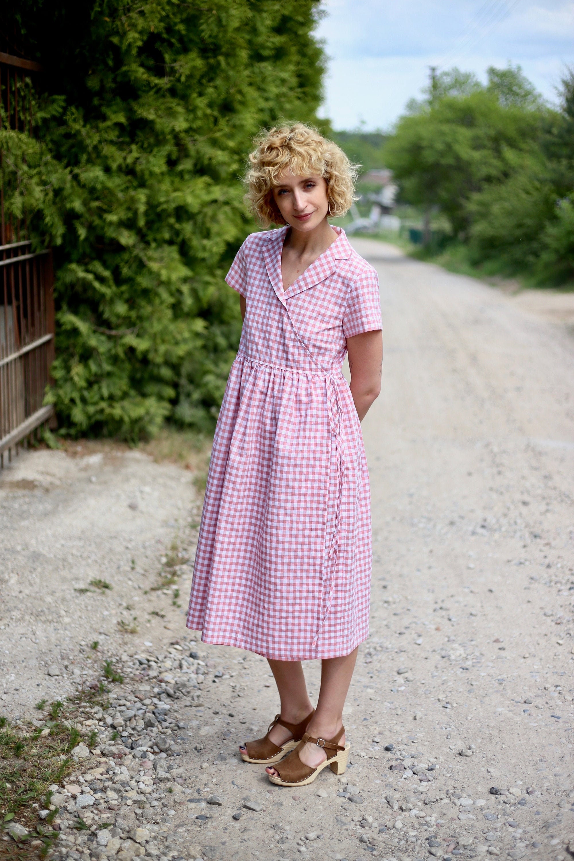 Checkered Cotton Wrap Dress/offon CLOTHING | Etsy Singapore