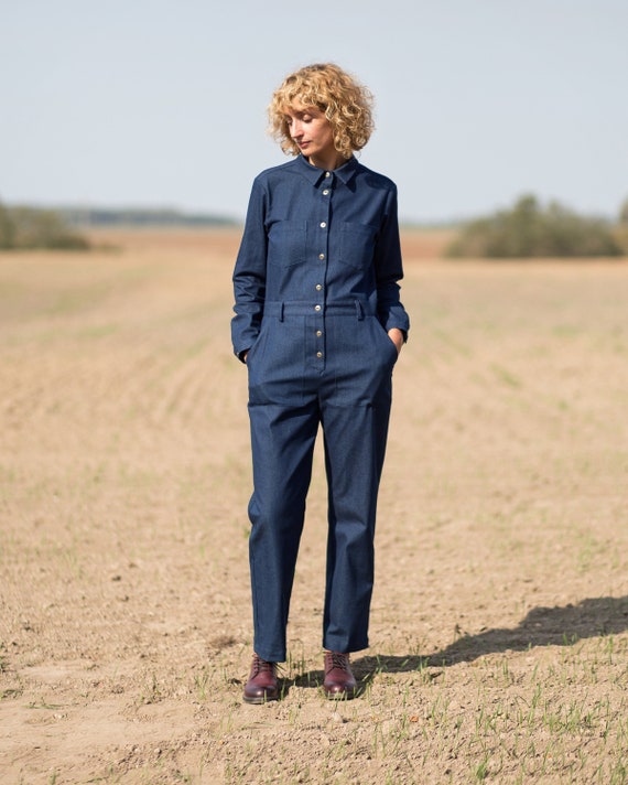 long sleeve denim jumpsuit womens