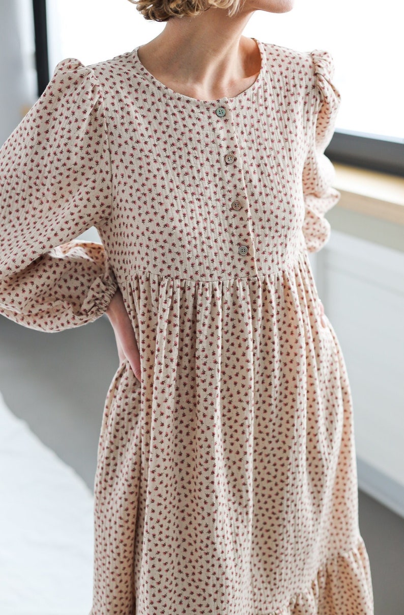 High Waisted Floral Double Gauze Cotton Dress FLEUR OFFON Etsy