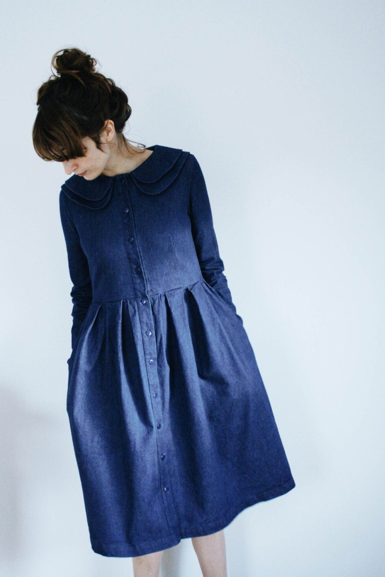 Denim Dress Indigo Dress Double Collar Dress Full Gathered Skirt Dress Handmade by OffOn image 2