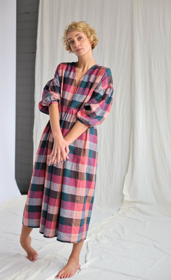 チェック柄リネンVネックパフスリーブドレス • OFFON CLOTHING - Etsy 日本