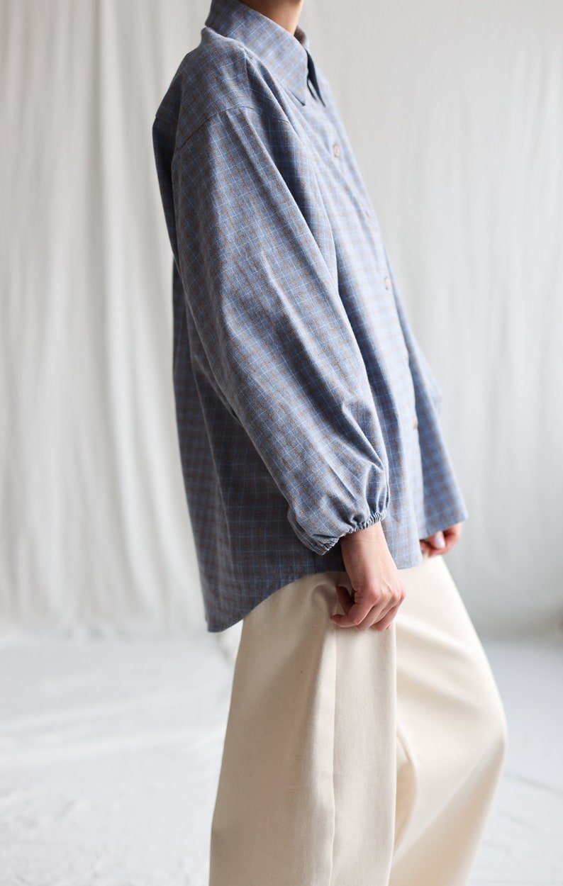 Light blue brushed plaid cotton oversized shirt ELIAN OFFON CLOTHING image 4